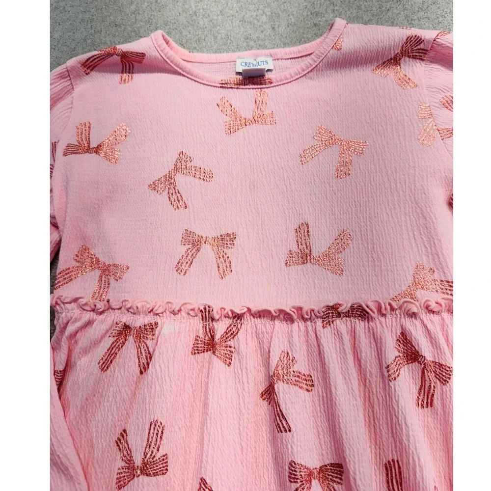 Crewcuts J Crew Girls Size 8 Pink Metallic Bow Print Long Sleeve Dress School